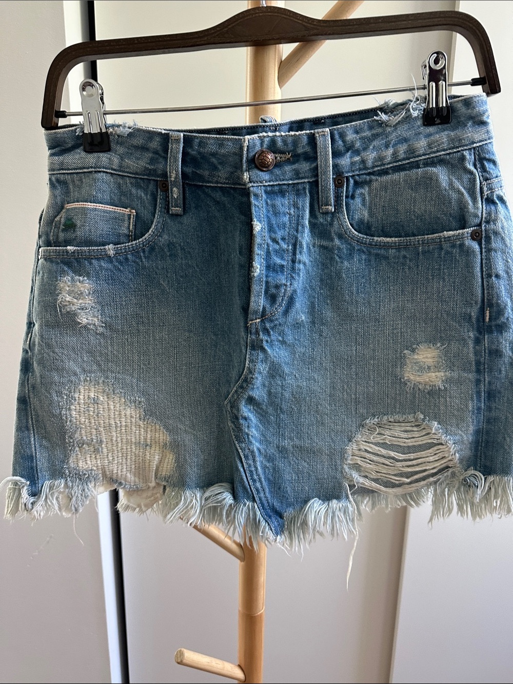 Tortoise Denim Distressed Button Fly jean skirt Size 25 Made in USA
